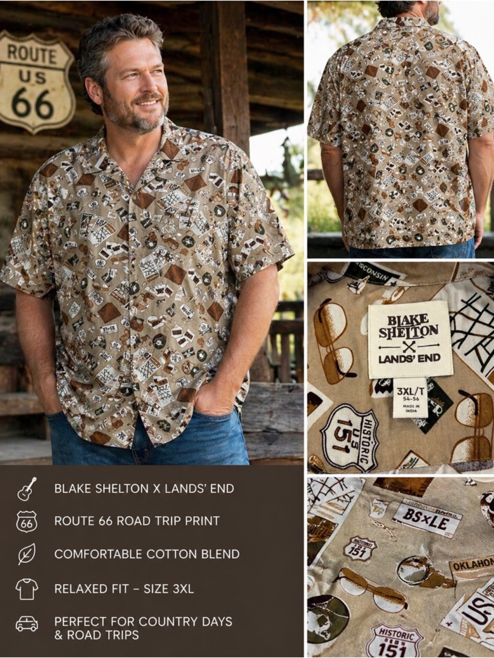 Blake Shelton Lands End Shirt 3XL Route 66 Camp Road Trip Western Travel Roadie